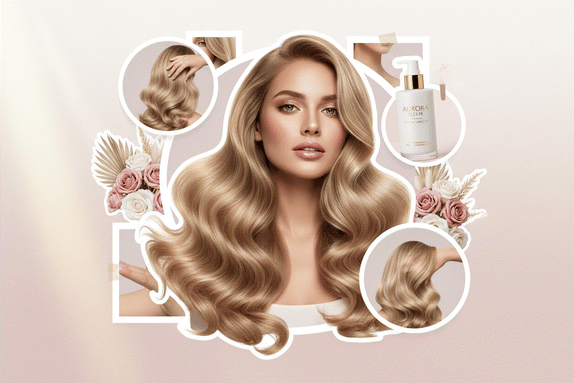 Woman with long, voluminous hair styled using Halo Hair Extensions in various chic looks