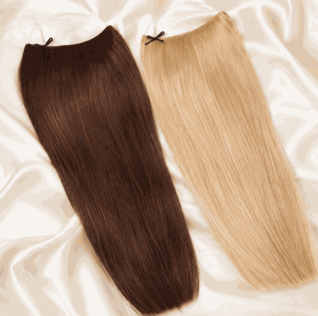 Woman wearing halo hair extensions showing length and volume transformations with adjustable wire design