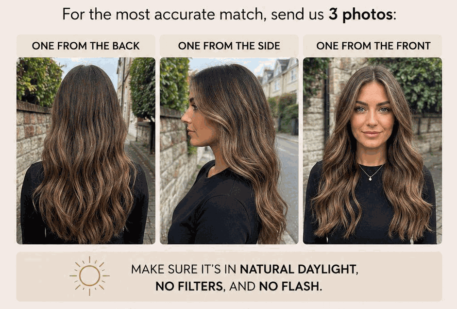 Person taking a natural daylight colour match photo of their hair by a window for Halo Hair Extensions