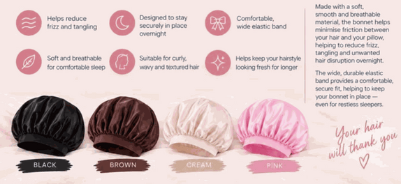 Sleeping in a Silk Bonnet: satin sleep cap set in black, brown, cream and pink with gathered fabric and wide elastic bands
