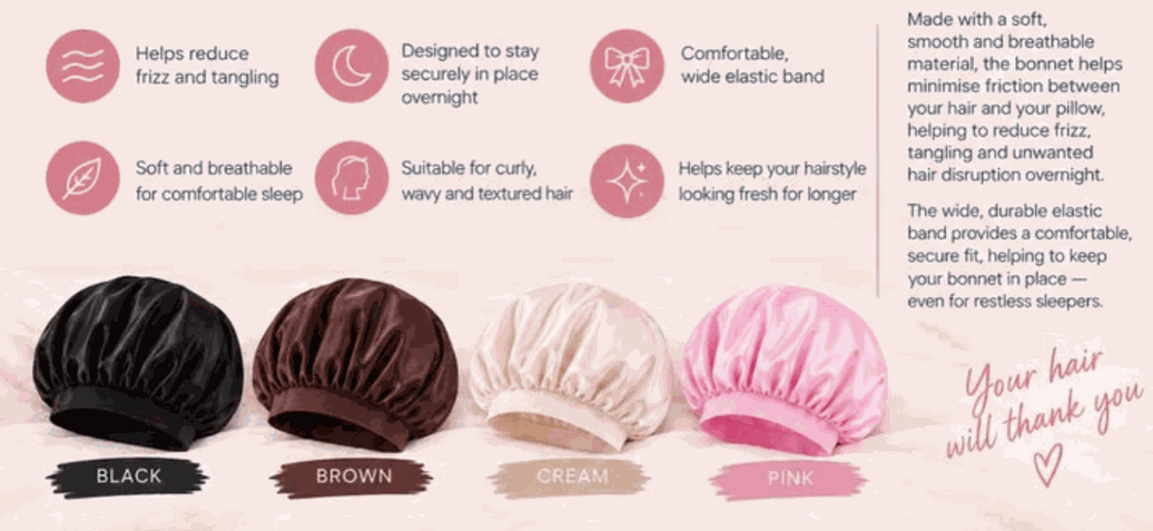 Sleeping in a Silk Bonnet: satin sleep cap set in black, brown, cream and pink with gathered fabric and wide elastic bands