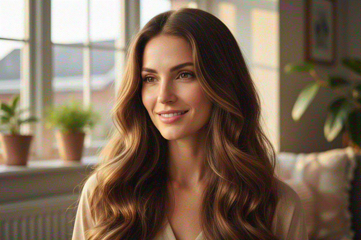 Woman with long, wavy chestnut brown hair wearing natural makeup, demonstrating smooth Invisible Wire Hair Extensions with subtle highlights.