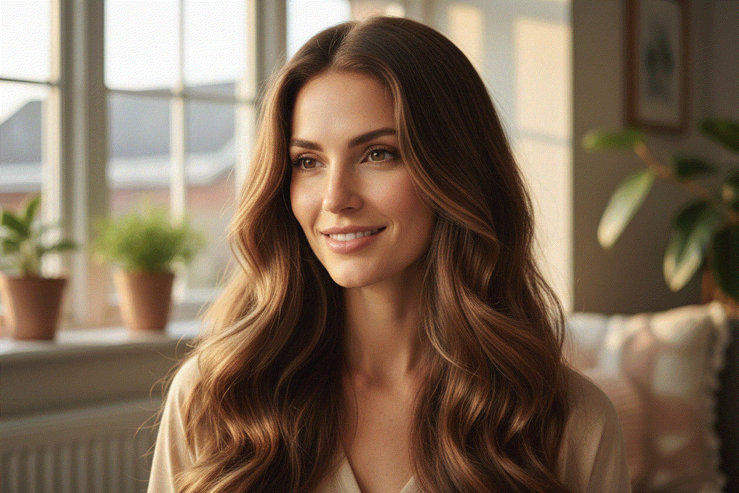 Woman with long, wavy chestnut brown hair wearing natural makeup, demonstrating smooth Invisible Wire Hair Extensions with subtle highlights.