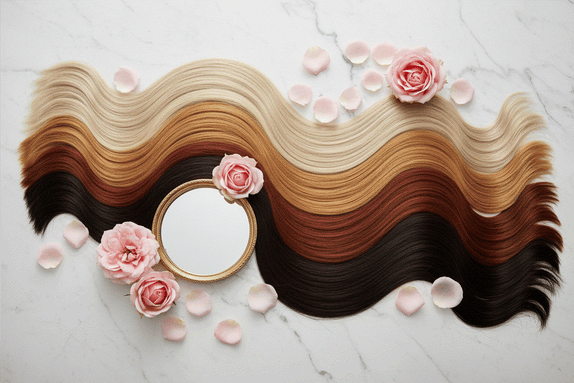 Hair extension shade color matching guide showing natural hair strands and extension samples in natural light