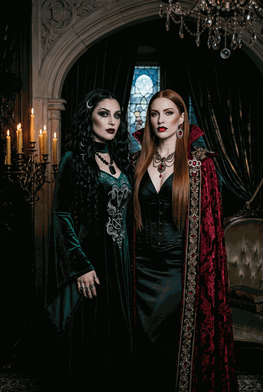 Easy Halloween Hairstyles show two gothic vampire costumes with long dark and red hair, black dresses and ornate red cloaks.
