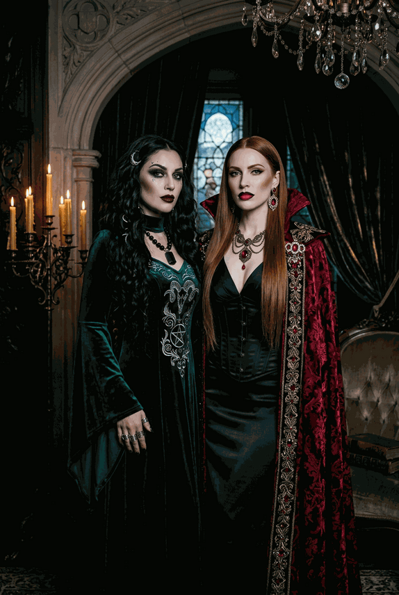 Easy Halloween Hairstyles show two gothic vampire costumes with long dark and red hair, black dresses and ornate red cloaks.