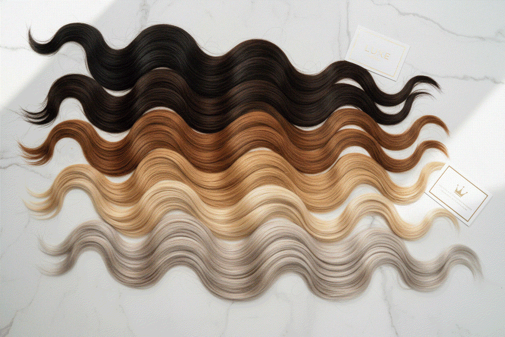 Halo Hair Extensions shade guide showing a range of natural black, brown, blonde, and blended hair colors for perfect color matching