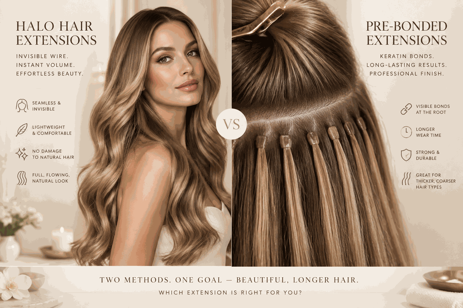 Hair extension comparison graphic for Hair Extensions Cost in the UK, showing flowing blonde halo extensions beside pre-bonded strands.