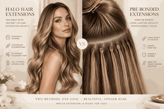 Hair extension comparison graphic for Hair Extensions Cost in the UK, showing flowing blonde halo extensions beside pre-bonded strands.