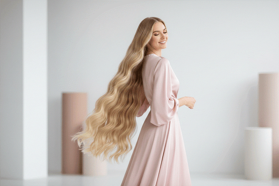 Woman showcasing long, voluminous hair with clip-in hair extensions