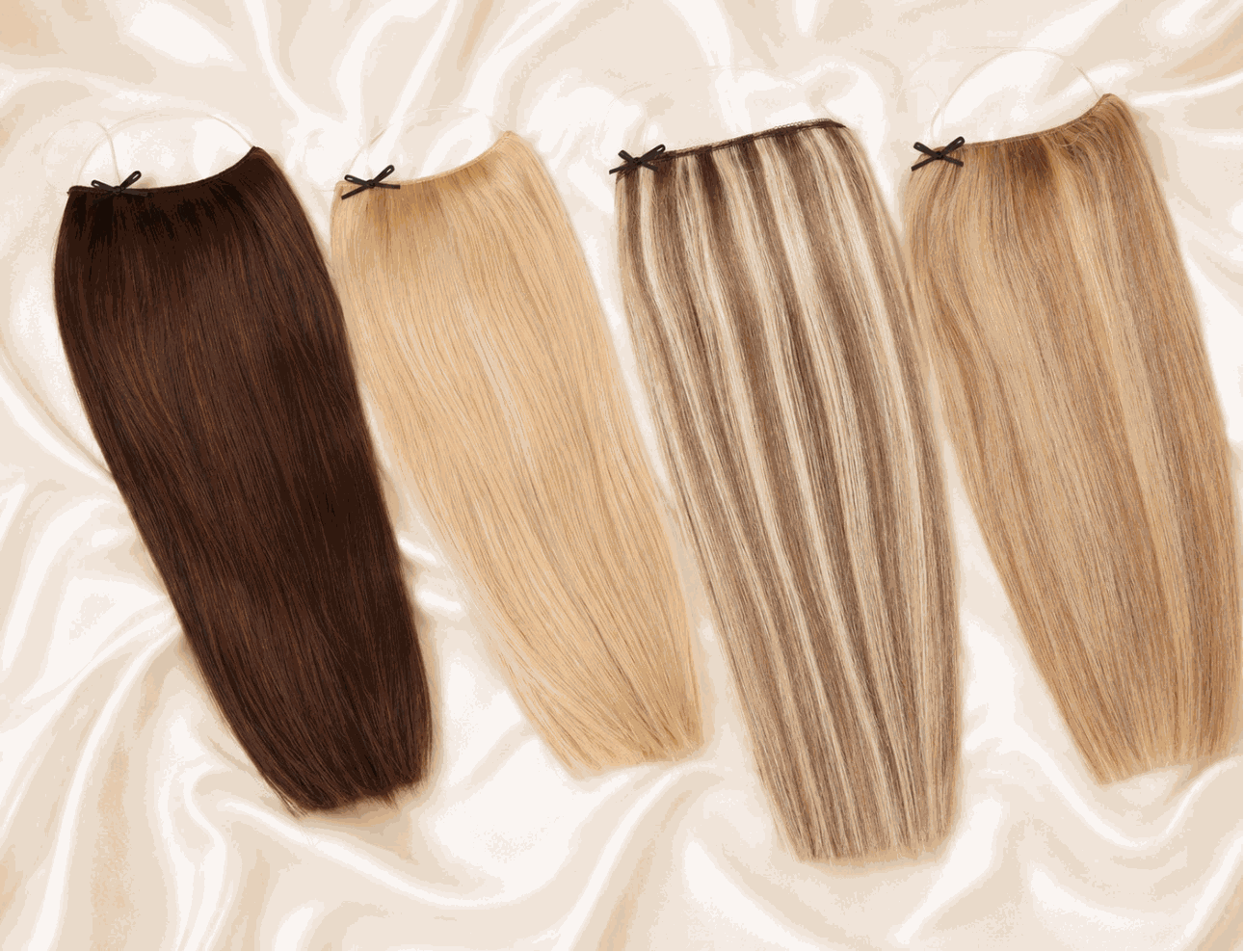 Woman with long, voluminous hair wearing Halo Hair Extensions showcasing natural, seamless hair enhancement