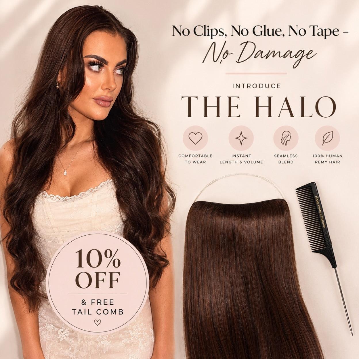 Halo hair extensions in long, glossy dark brown human hair with a smooth finish; Will You See the Wire discreetly highlights the clear halo band.