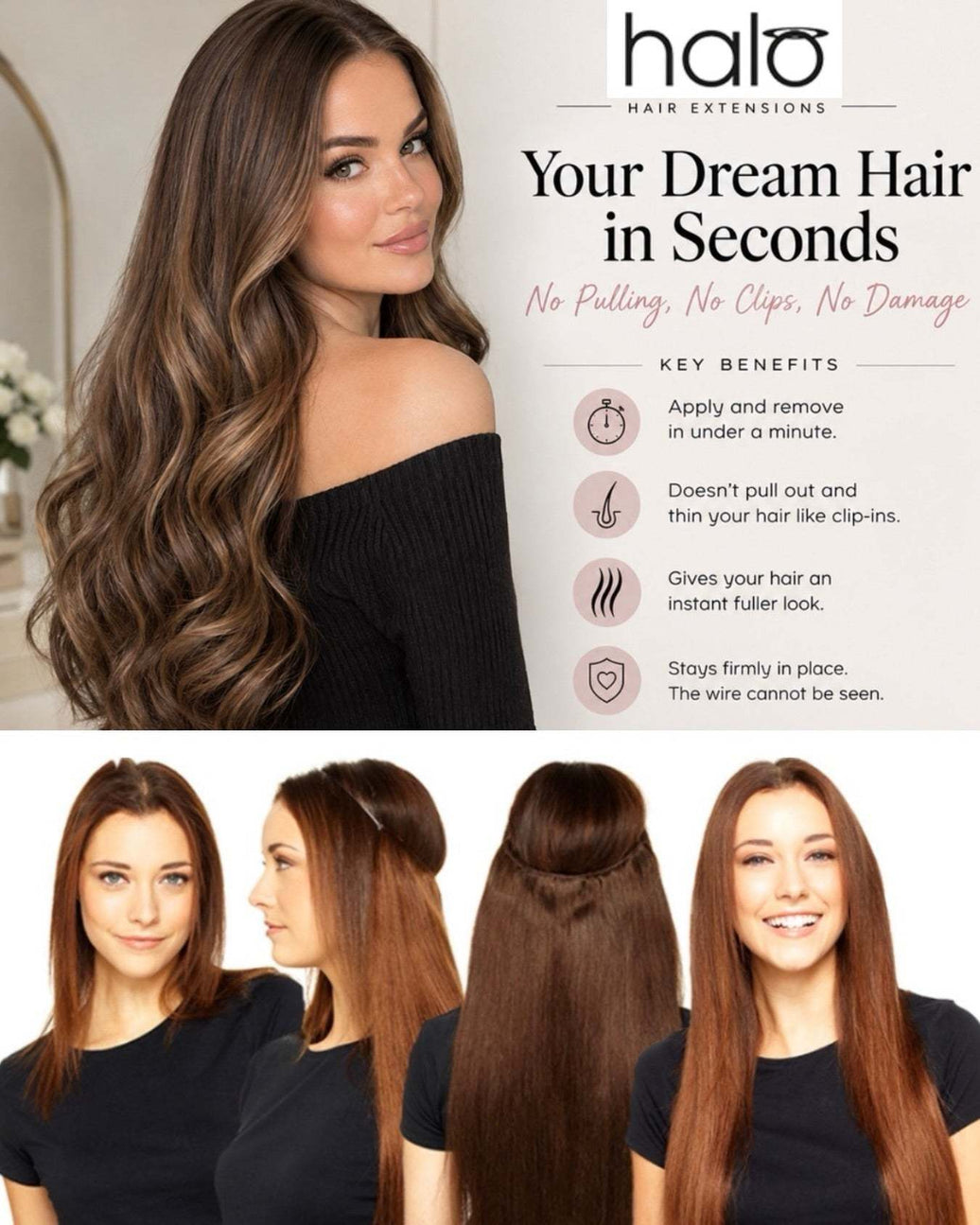 Halo Hair Extensions in rich brown, long wavy human hair with an invisible wire for fuller length and volume