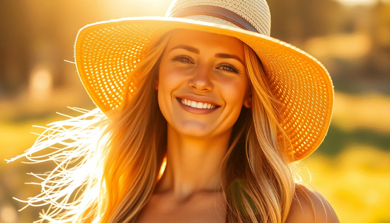 Woman applying hair sunscreen spray outdoors to protect hair from summer heat and sun damage