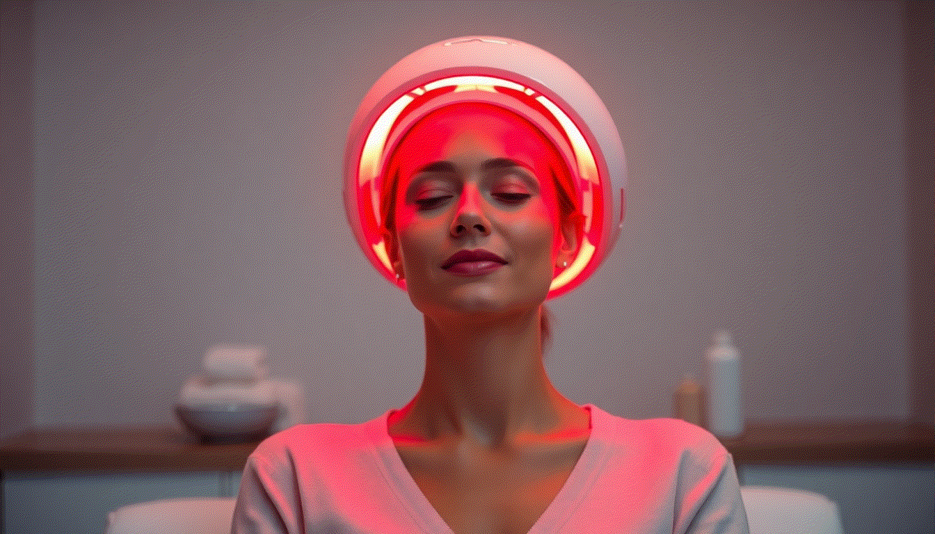 Close-up of red light therapy device emitting light on scalp for hair growth treatment