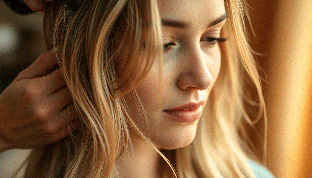 Woman with fine hair wearing natural-looking Halo hair extensions for volume and length enhancement
