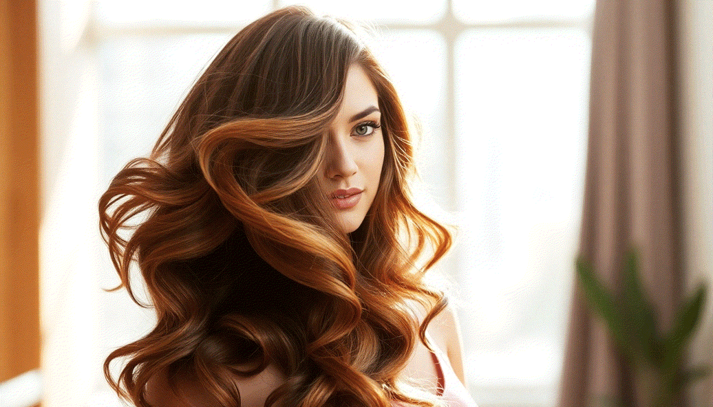 Woman with long, smooth Halo Hair Extensions styled in loose waves sitting outdoors