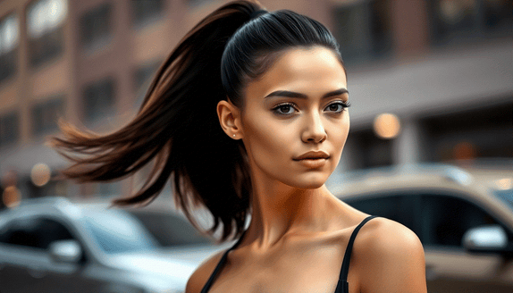 Woman with sleek high ponytail using Halo Hair Extensions for added volume and length
