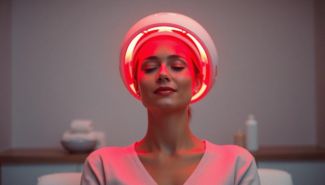 Close-up of red light therapy device stimulating hair follicles on scalp for hair growth