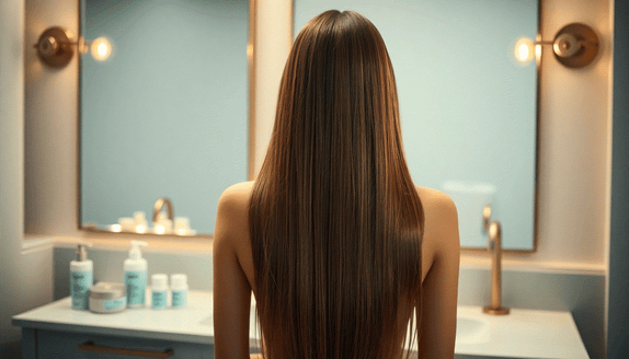 Woman showing shiny, voluminous Halo hair extensions with natural blend and smooth texture