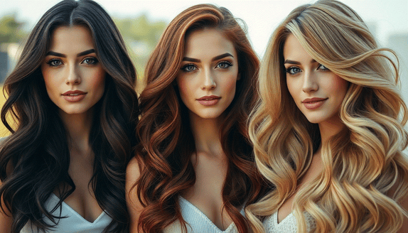 Woman applying halo hair extensions showing natural volume and length for different hair types