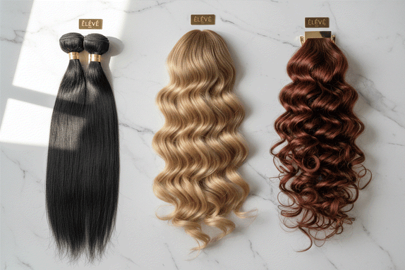 Comparison of straight, wavy, and curly Syn Halo Hair Extensions textures for natural hair matching