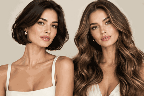 New hairstyle after a breakup comparison featuring a dark brown bob and long, voluminous wavy hair looks