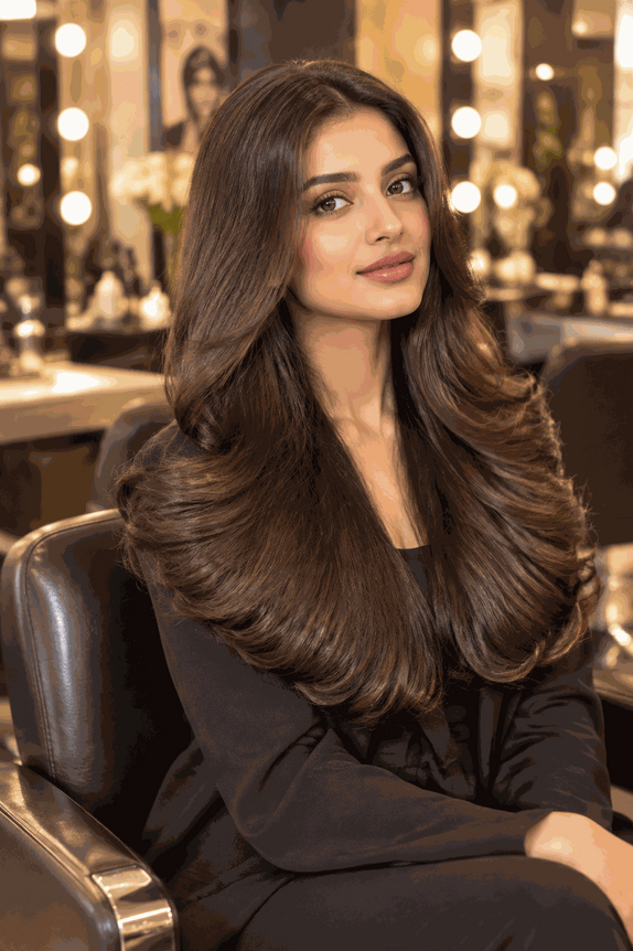 Hair extensions in rich brunette human hair, styled in long, voluminous waves; Why Won’t My Hair Extensions Blend?
