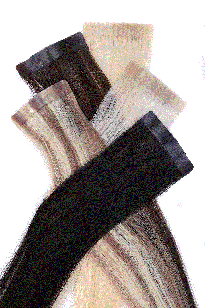 VIP Seamless Clips showing 12-piece set of 100% Indian Remy Double Drawn hair extensions in natural shades with seamless silicone wefts