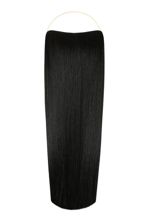 Close-up of straight Syn Halo hair extensions made from premium Kanekalon synthetic fibers with seamless natural look