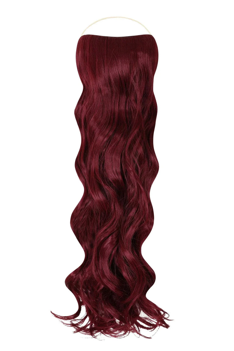 Curly Syn Halo hair extensions made from premium Kanekalon synthetic fibers providing natural, voluminous curls with adjustable wire and removable clips.