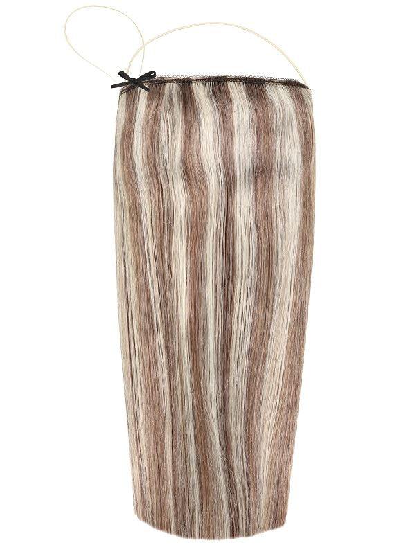 Deluxe Halo Hair Extensions Cookies 'n' Cream #5A Ash color showing 16 and 20 inch lengths with adjustable clear wire and no damage design