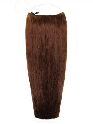 Premium Halo Hair Extensions in Chocolate Brown #4 with adjustable clear wire, no clips, and natural finish