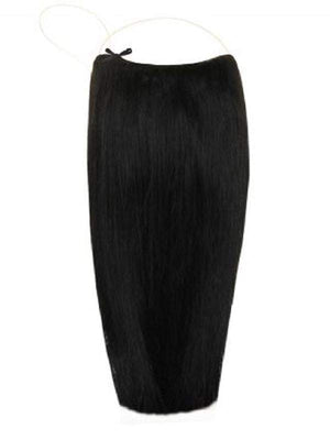 Premium Halo Jet Black #1 hair extensions with adjustable clear wire and no damage to natural hair