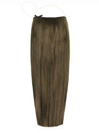 Premium Halo Hair Extensions in Dark Ash Brown #7 with adjustable clear wire and no-damage design