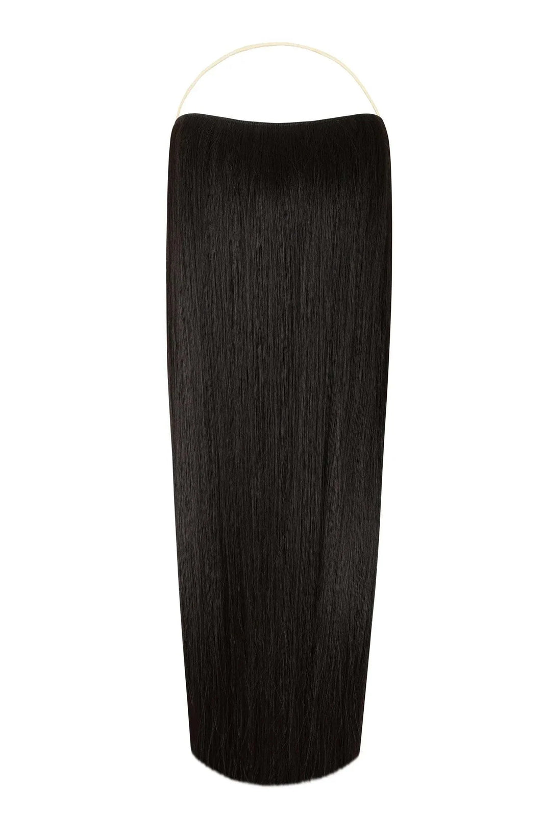 Straight Syn Halo Hair Extensions showcasing natural, lightweight, and durable synthetic Kanekalon strands with removable clips and seamless blend.