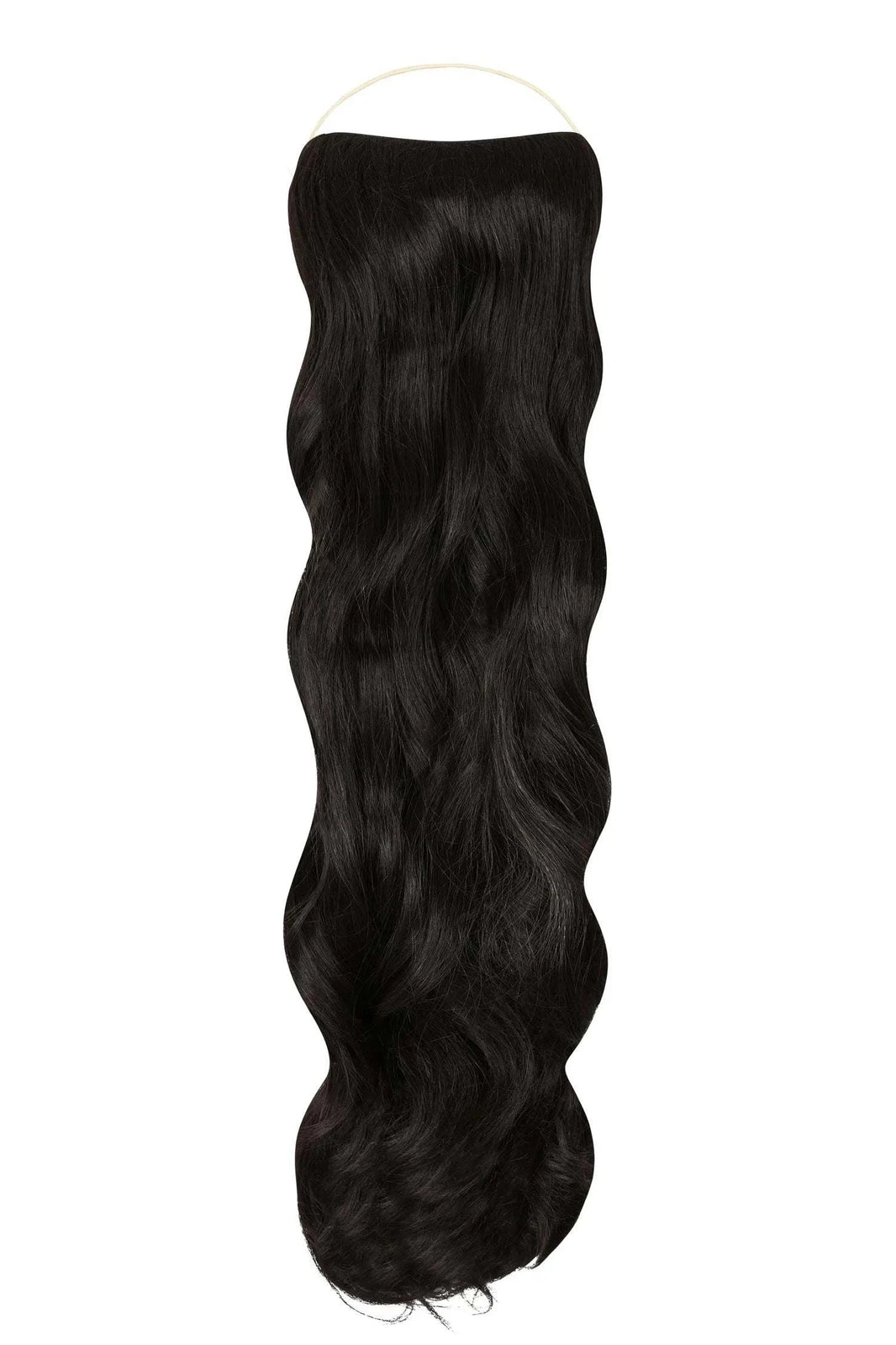 Curly Syn Halo Hair Extensions in natural black, showcasing bouncy, voluminous synthetic hair with a lightweight, adjustable wire design for easy 30-second installation.
