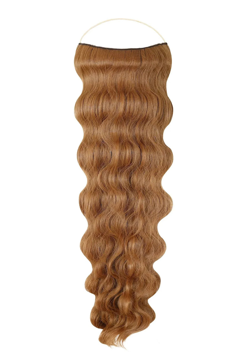 Wavy Syn Halo Hair Extensions made from premium Kanekalon, natural look and feel, lightweight and durable, easy 30-second installation with hidden wire, heat-friendly and available in 36 colors.
