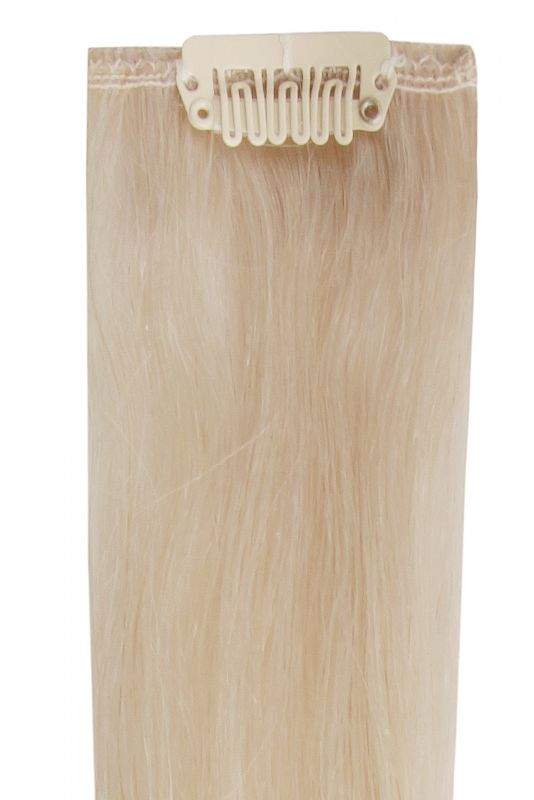 Full head clip-in ash blonde hair extensions with 14 clips and 100% Indian Remy human hair