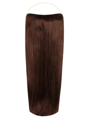 Halo Hair Extensions in Cocoa Brown #3 with adjustable wire, no clips or glue, shown in various lengths