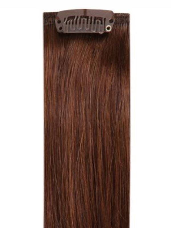 Full head clip-in hair extensions in chocolate brown #4 with 14 clips and 8 pieces of 100% Indian Remy human hair