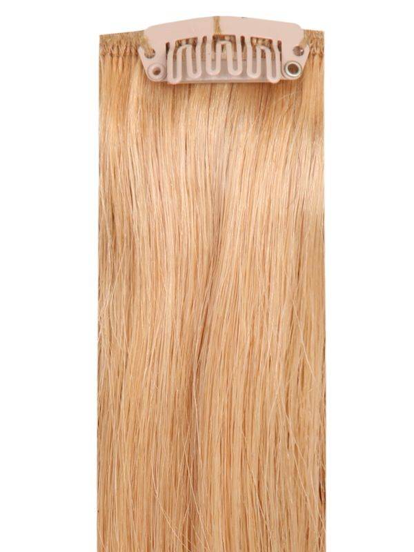 Full head clip-in dark blonde #18 hair extensions with 14 clips and 8 pieces of 100% Indian Remy human hair