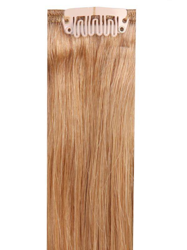 Premium clip-in hair extensions in golden brown #12, 16-24 inch lengths, 100% Indian Remy human hair