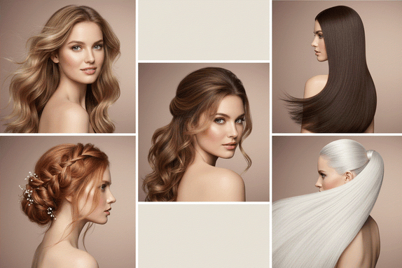 Woman styling long, voluminous hair with halo hair extensions in various elegant hairstyles