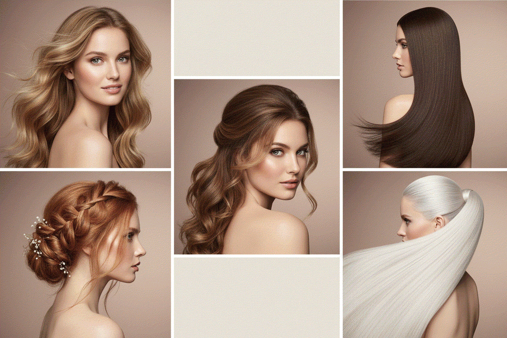 Woman styling long wavy hair with halo hair extensions in bright room