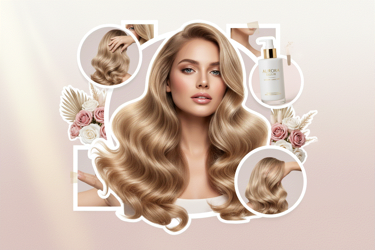 Woman with long, voluminous hair styled using Halo Hair Extensions in various chic looks