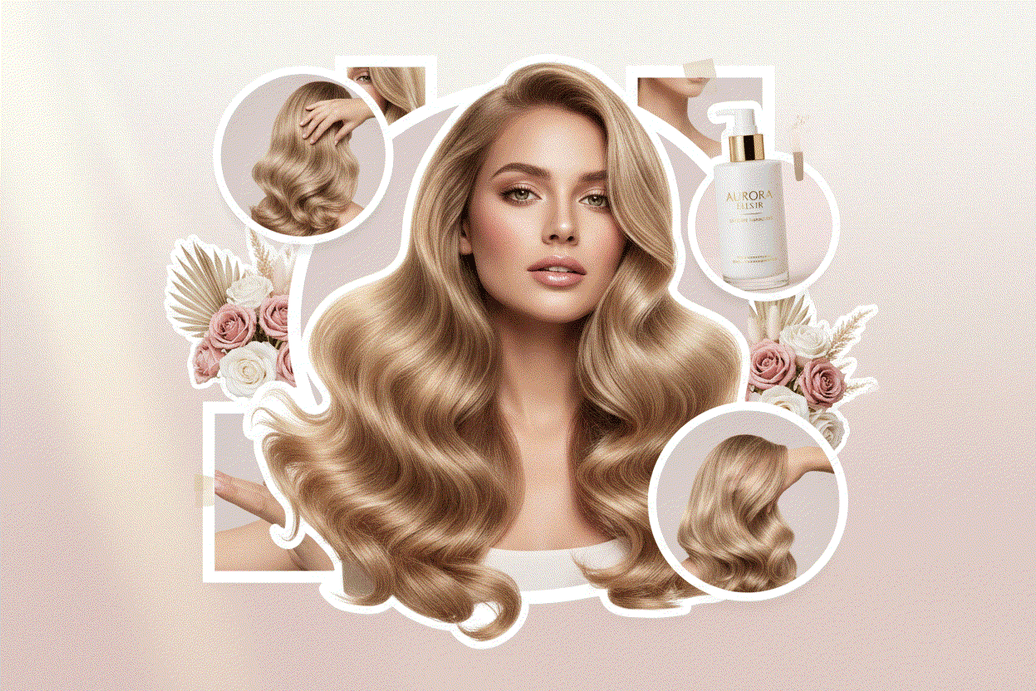 Woman with long, voluminous hair styled using Halo Hair Extensions in various chic looks