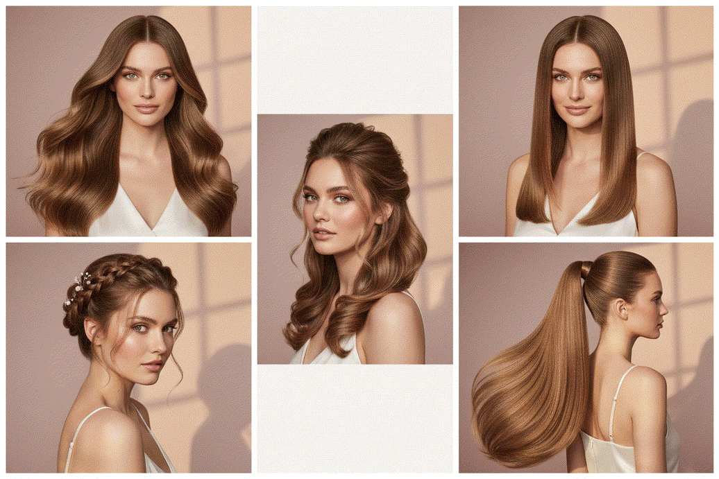 Woman showcasing five different hairstyles created with Halo Hair Extensions including beachy waves, sleek blowout, half-up half-down, voluminous ponytail, and soft updo