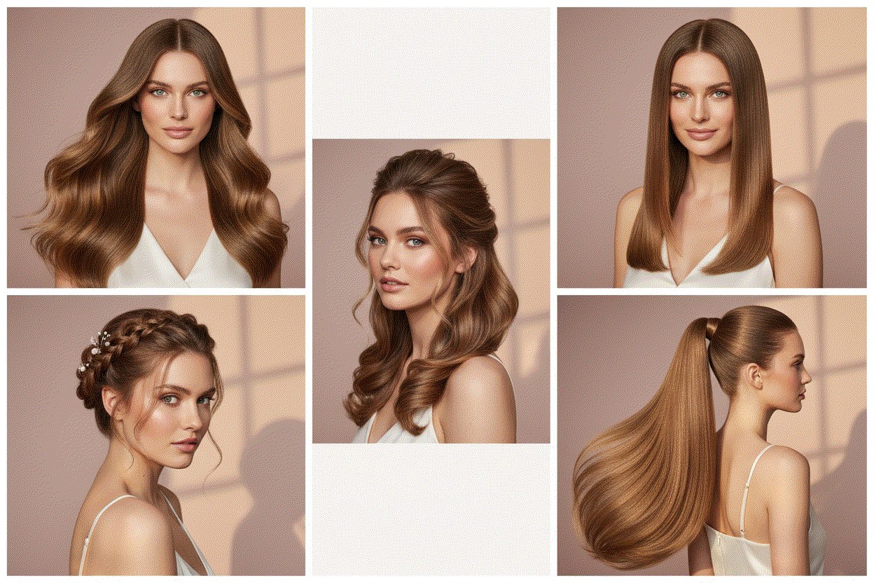 Woman styling long, voluminous hair with Halo Hair Extensions in various elegant looks