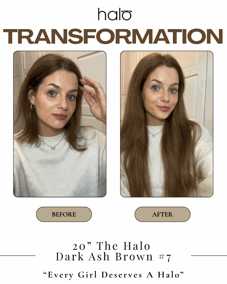 Woman wearing voluminous Halo hair extensions UK with sleek styled hair